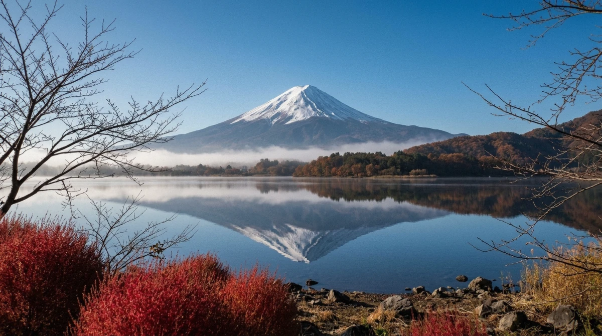 Mount Fuji fully clear above Lake Kawaguchi on a still winter morning, the best time to see Mount Fuji from Lake Kawaguchi before afternoon haze arrives