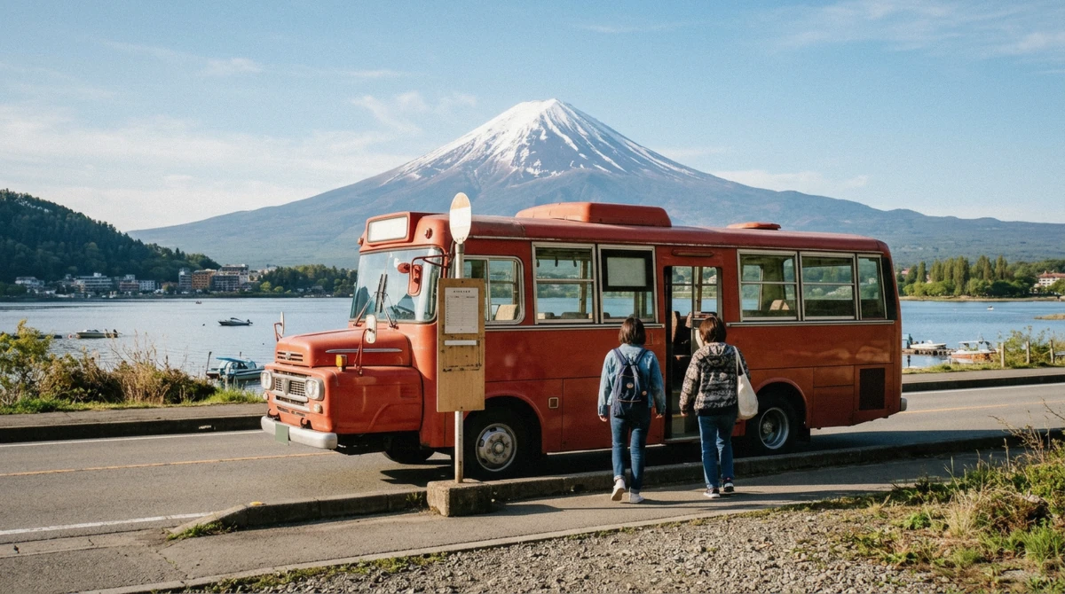 A traveler checking a phone booking screen beside a private minivan at Lake Kawaguchi before a guided tour, Japan