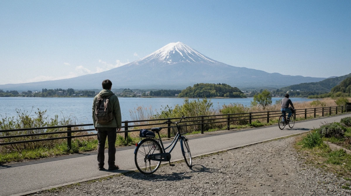 A solo traveler with a day pass boarding the Red Line bus at Kawaguchiko Station on a lake Kawaguchiko without a tour day