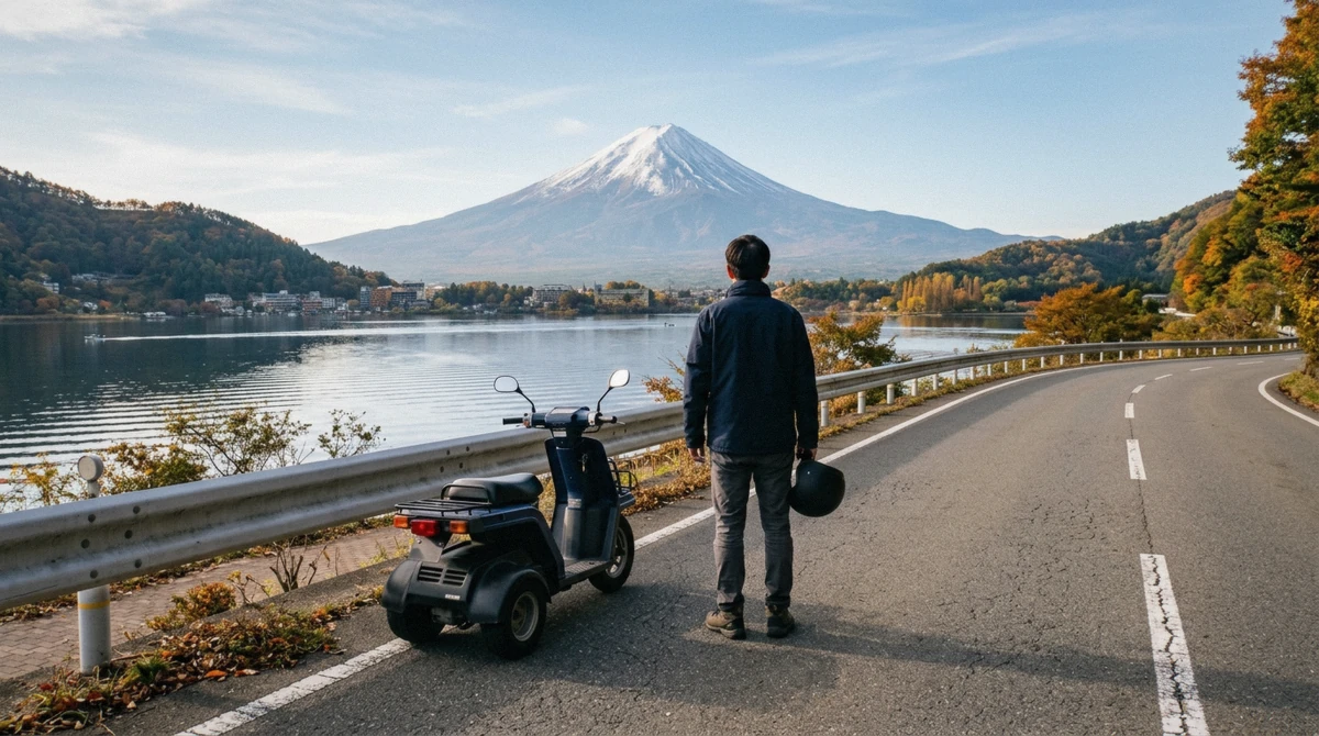 A traveller's international driving permit booklet held beside a home driver's licence before a self-drive Kawaguchiko tour on Lake Kawaguchi