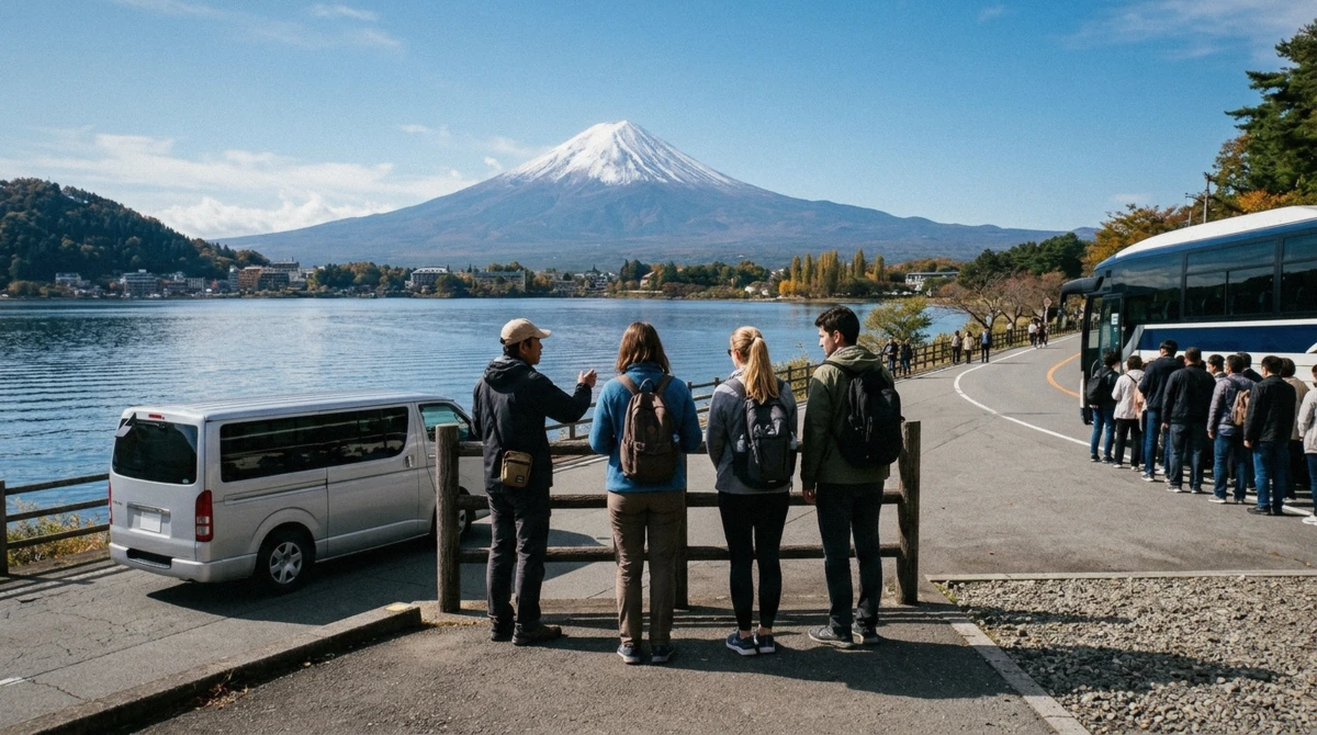 A small private-tour car parked beside a full shared minibus at Lake Kawaguchi, illustrating the private vs group Mount Fuji tour choice