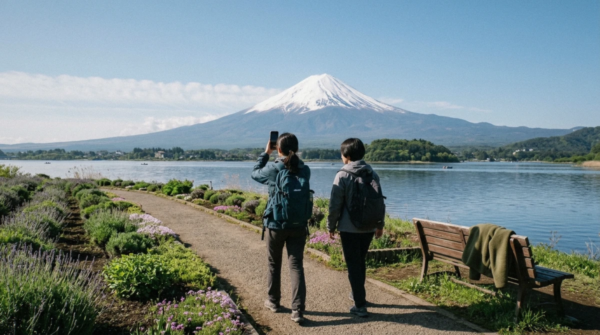 A small guided group photographing Mount Fuji across Lake Kawaguchi from Oishi Park on an early lake Kawaguchi tour, Japan