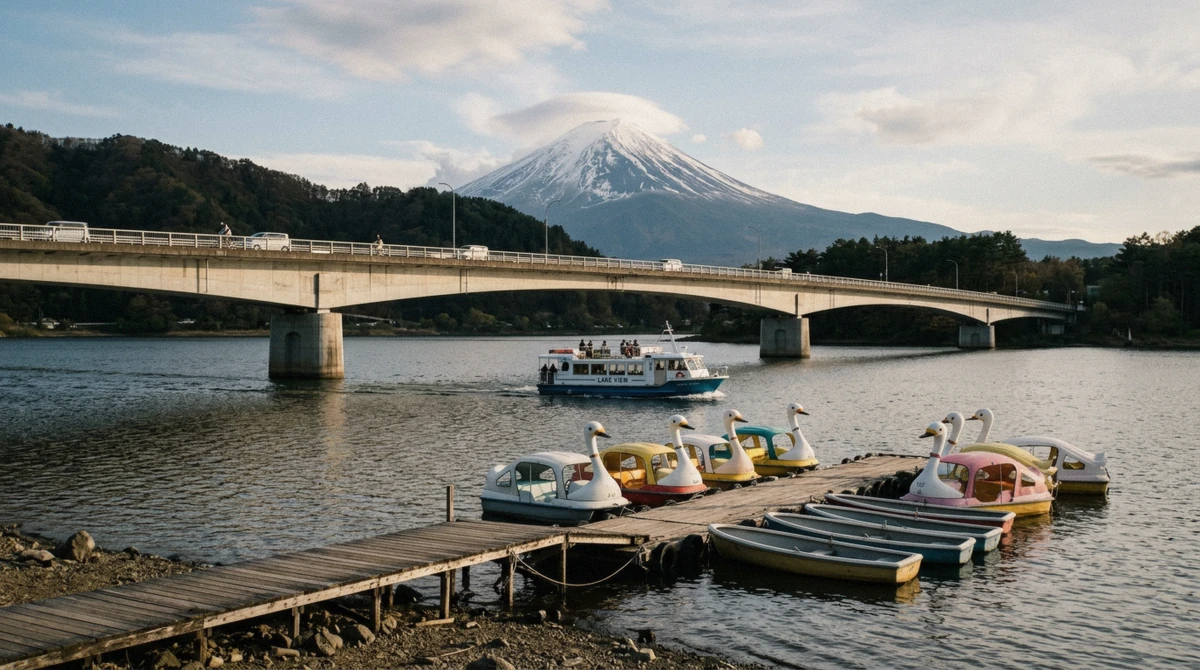 The Kawaguchiko Ohashi bridge and the Funatsu pier on the south shore of Lake Kawaguchi with Mount Fuji behind, seen on a lake Kawaguchi tour