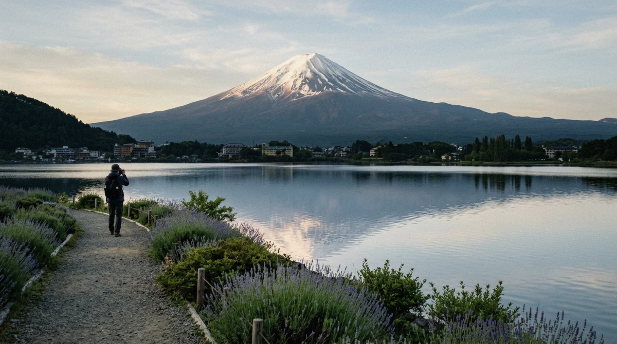 Mount Fuji reflected in Lake Kawaguchi from the Oishi Park shore at first light on a lake Kawaguchi tour, Yamanashi, Japan