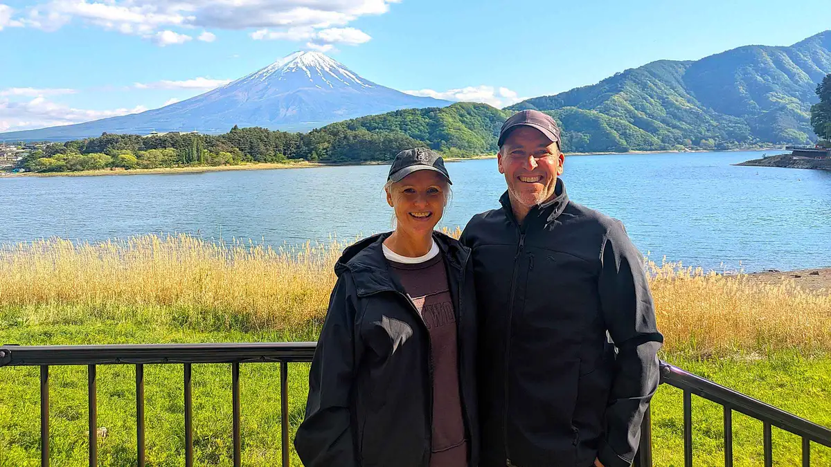 Mount Fuji across Lake Kawaguchi from Oishi Park on a half-day private lake Kawaguchi tour with a local guide, Yamanashi, Japan